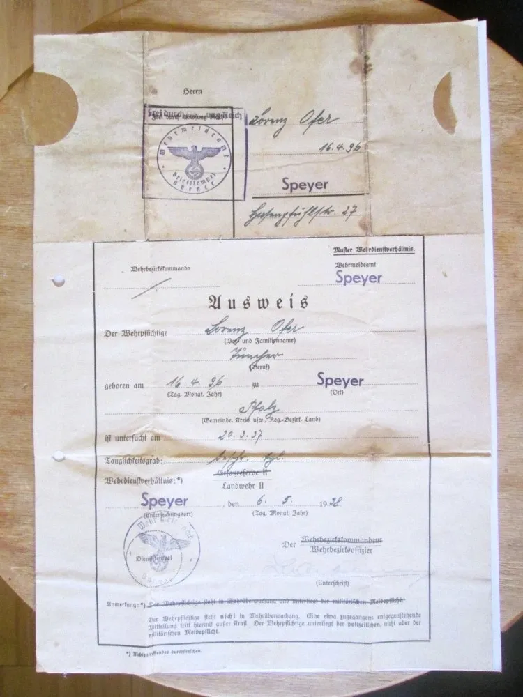 Rar! Germania nazistă,certificat militar nazist de înregistrare emis de biroul de recrutare militară din orașul Speyer în 1938