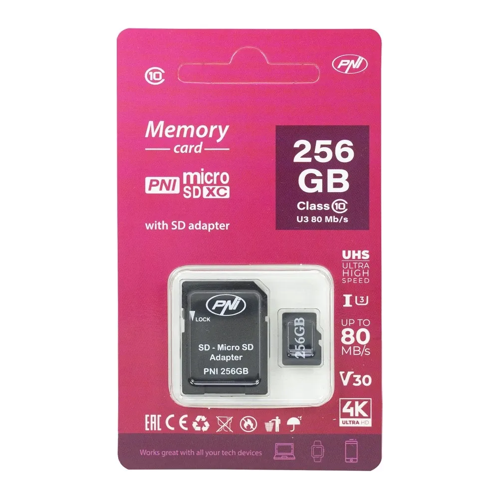Resigilat : Card de memorie MicroSD PNI 256GB cu adaptor SD Clasa 10, 80 Mb/s, V30