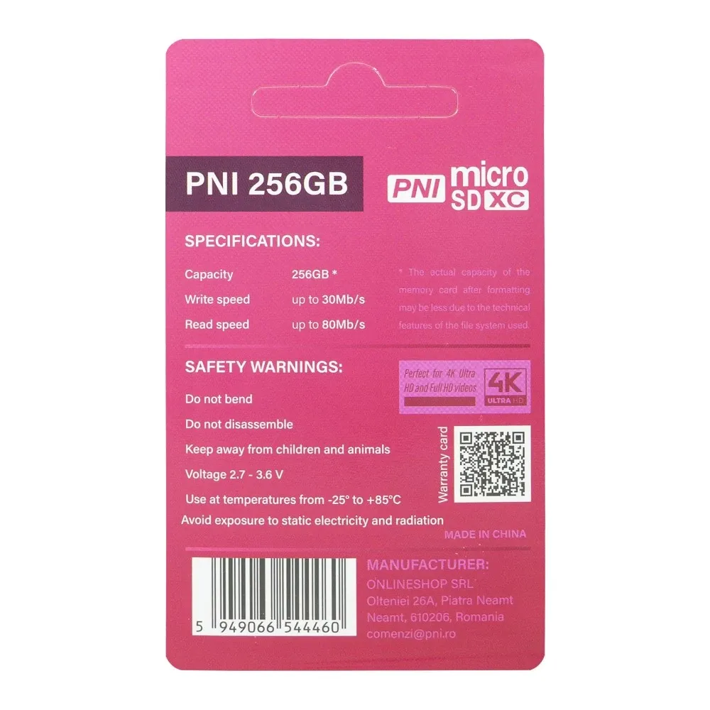 Resigilat : Card de memorie MicroSD PNI 256GB cu adaptor SD Clasa 10, 80 Mb/s, V30