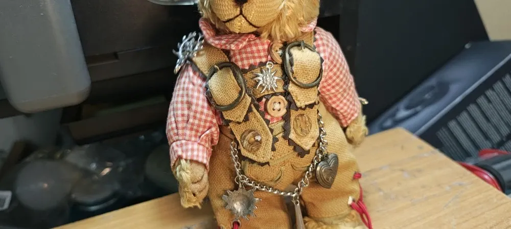 RF Reinart Faelens German Plush Teddy Bear Lederhosen Charivari w/Edelweiss Charms and Feathered Cap